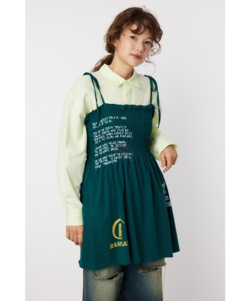 RODEO CROWNS WIDE BOWL（ロデオクラウンズワイドボウル）の「ランダムテキストシャーリングキャミチュニック（チュニック・レディース・ブラック/ダークグリーン/アイボリー・FREE）」の4枚目の写真