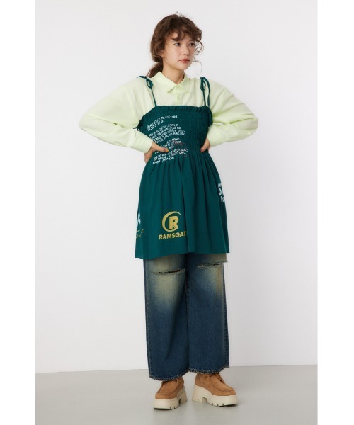 RODEO CROWNS WIDE BOWL（ロデオクラウンズワイドボウル）の「ランダムテキストシャーリングキャミチュニック（チュニック・レディース・ブラック/ダークグリーン/アイボリー・FREE）」の7枚目の写真