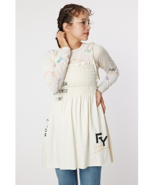 RODEO CROWNS WIDE BOWL（ロデオクラウンズワイドボウル）の「ランダムテキストシャーリングキャミチュニック（チュニック・レディース・ブラック/ダークグリーン/アイボリー・FREE）」の9枚目の写真