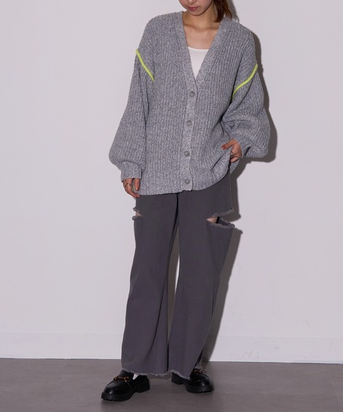 レディースサイズL 未着用⭐️Resurrectoin セーターカラーグレー セール】【MAISON BREEZE reveur】配色Vネックニットカーディガン DTK