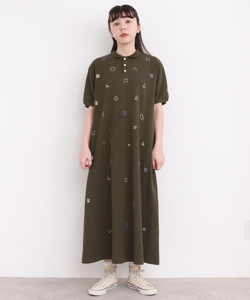 l'atelier du savon(アトリエドサボン)の「まるさんかくしかく刺繍 ポロシャツワンピース(ワンピース・レディース・カーキ/オフホワイト・FREE)」の5枚目の写真