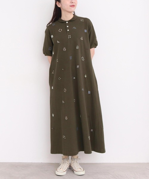 l'atelier du savon(アトリエドサボン)の「まるさんかくしかく刺繍 ポロシャツワンピース(ワンピース・レディース・カーキ/オフホワイト・FREE)」の3枚目の写真