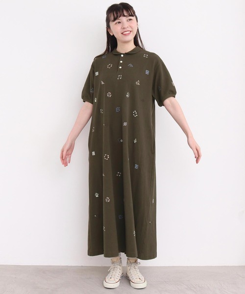 l'atelier du savon(アトリエドサボン)の「まるさんかくしかく刺繍 ポロシャツワンピース(ワンピース・レディース・カーキ/オフホワイト・FREE)」の4枚目の写真