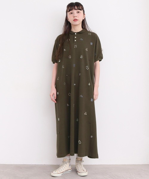 l'atelier du savon(アトリエドサボン)の「まるさんかくしかく刺繍 ポロシャツワンピース(ワンピース・レディース・カーキ/オフホワイト・FREE)」の8枚目の写真