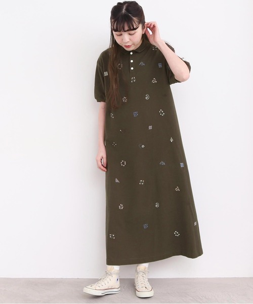 l'atelier du savon(アトリエドサボン)の「まるさんかくしかく刺繍 ポロシャツワンピース(ワンピース・レディース・カーキ/オフホワイト・FREE)」の9枚目の写真