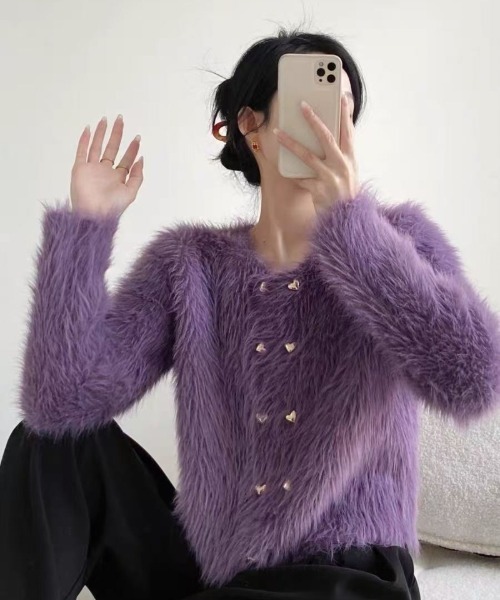 おしゃれスタ（オシャレスタ）の「ダブルボタンシャギーカーディガン（カーディガン/ボレロ・レディース・ブラック/アイボリー/パープル・FREE）」の3枚目の写真