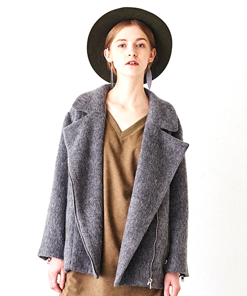 Omekashi（オメカシ）の「【Omekashi】シャギーライダースジャケット（ライダースジャケット・レディース・ブラック/チャコールグレー/イエロー・ﾌﾘ-）」の2枚目の写真