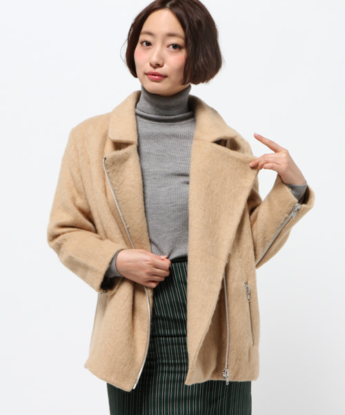 Omekashi（オメカシ）の「【Omekashi】シャギーライダースジャケット（ライダースジャケット・レディース・ブラック/チャコールグレー/イエロー・ﾌﾘ-）」の3枚目の写真