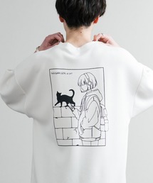 接触冷感 オーバーサイズとろみポンチガールバックプリント&黄昏ネコワンポイント刺繍半袖Tシャツ