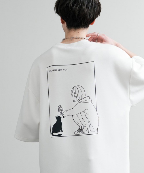 Rocky Monroe（ロッキーモンロー）の「接触冷感 オーバーサイズとろみポンチガールバックプリント&黄昏ネコワンポイント刺繍半袖Tシャツ（Tシャツ/カットソー・メンズ・ホワイト系/ライトグレー/ホワイト/グレイッシュベージュ/ブラック/ブラック系・L/M）」の2枚目の写真