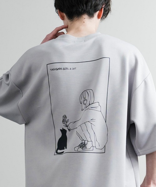 Rocky Monroe（ロッキーモンロー）の「接触冷感 オーバーサイズとろみポンチガールバックプリント&黄昏ネコワンポイント刺繍半袖Tシャツ（Tシャツ/カットソー・メンズ・ホワイト系/ライトグレー/ホワイト/グレイッシュベージュ/ブラック/ブラック系・L/M）」の5枚目の写真