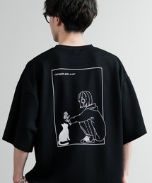 接触冷感 オーバーサイズとろみポンチガールバックプリント&黄昏ネコワンポイント刺繍半袖Tシャツ