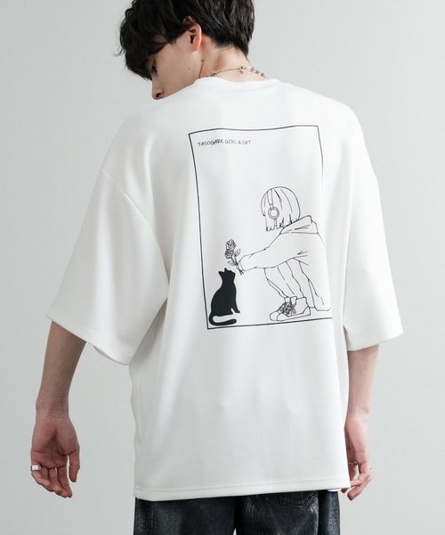 Rocky Monroe（ロッキーモンロー）の「接触冷感 オーバーサイズとろみポンチガールバックプリント&黄昏ネコワンポイント刺繍半袖Tシャツ（Tシャツ/カットソー・メンズ・ホワイト系/ライトグレー/ホワイト/グレイッシュベージュ/ブラック/ブラック系・L/M）」の7枚目の写真