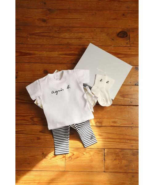 agnes b.（アニエスベー）の「WEB限定 ベビーギフトボックス ロゴTシャツ・ボーダーレギンス・ソックス 3点セット（ベビーギフト・キッズ・ホワイト・6MONTH/1YEAR）」の7枚目の写真