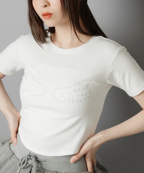 SPINNS(スピンズ)の「ウィッシュコア ピタTシャツ/ラインストーンウイング/羽根(Tシャツ/カットソー・レディース・ブラック/オフホワイト・ONESIZE)」の4枚目の写真