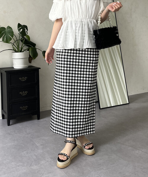 prose verse（プロズヴェール）の「スーパーストレッチギンガムナロースカート（スカート・レディース・ブラック系その他・LARGE/PM/MEDIUM/PL/TM/TL）」の3枚目の写真