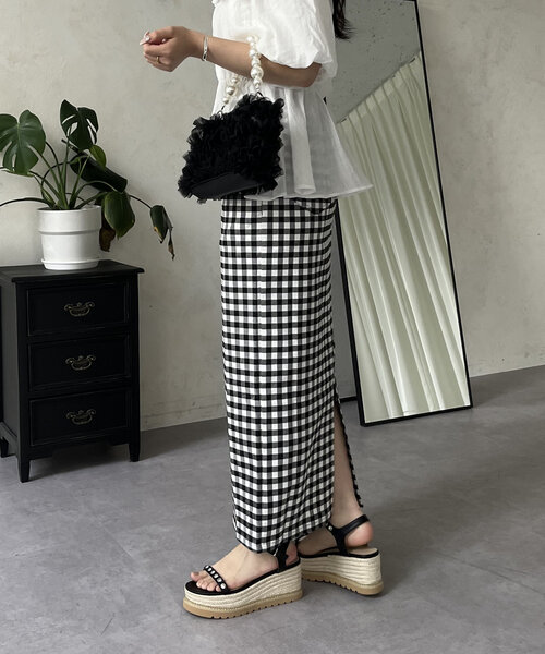 prose verse（プロズヴェール）の「スーパーストレッチギンガムナロースカート（スカート・レディース・ブラック系その他・LARGE/PM/MEDIUM/PL/TM/TL）」の4枚目の写真