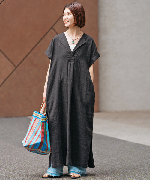 Spick & Span（スピックアンドスパン）の「《追加》リネンカフタンドレス（ワンピース・レディース・ブルー系その他/ブラックミックス・38/36）」の4枚目の写真