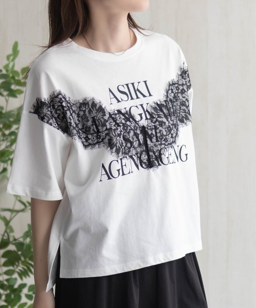 NAVY(ネイビー)の「NAVY レース使いプリントTシャツ(Tシャツ/カットソー・レディース・オフホワイト/チャコールグレー・M/L)」の4枚目の写真
