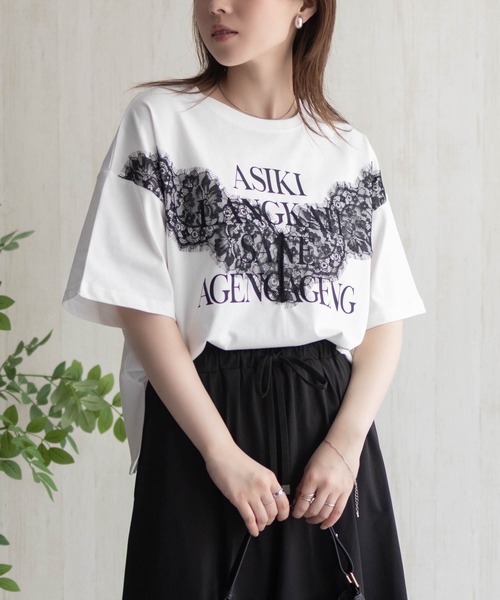NAVY(ネイビー)の「NAVY レース使いプリントTシャツ(Tシャツ/カットソー・レディース・オフホワイト/チャコールグレー・M/L)」の8枚目の写真