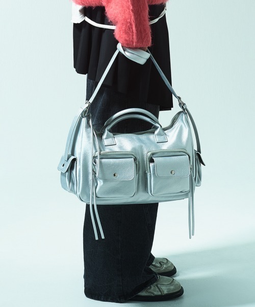 美品 Camphor wood フェイクレザーマルチポケットショルダーバッグ faux leather multi pocket shoulder bag / フェイクレザーマルチ