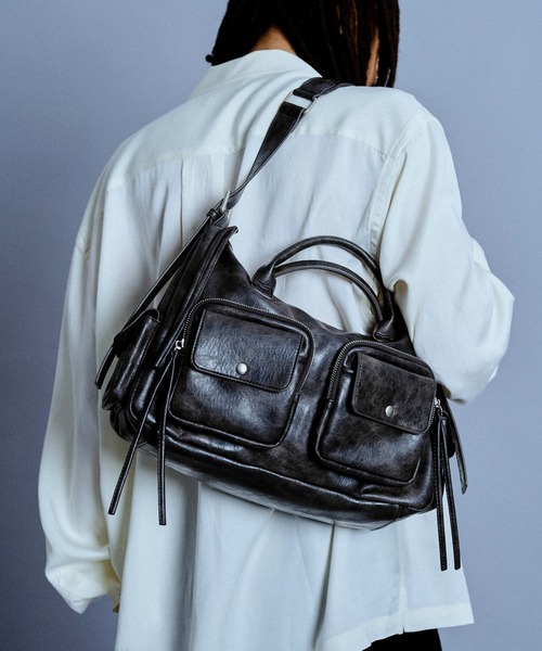 美品 プラダ アーカイブ マルチポケット ウォッシュドレザー ショルダーバッグ faux leather multi pocket shoulder bag / フェイクレザー