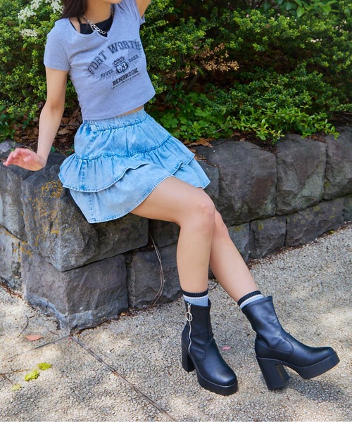 GORGE（ゴージ）の「《ティアード×ガーリー》レディース デニム ミニスカパン 美脚効果 春夏秋（デニムスカート・レディース・ブラック/ライトブルー・F）」の8枚目の写真