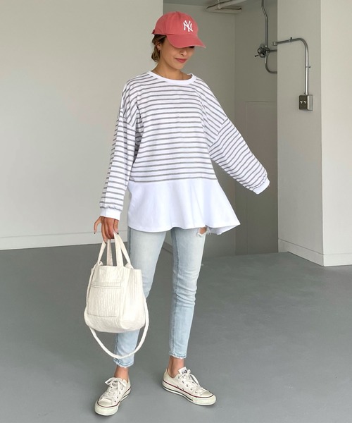 tシャツ 裾フリルチュニックボーダーロングt レディース 裾フリルチュニックボーダーロングt（Tシャツ/カットソー