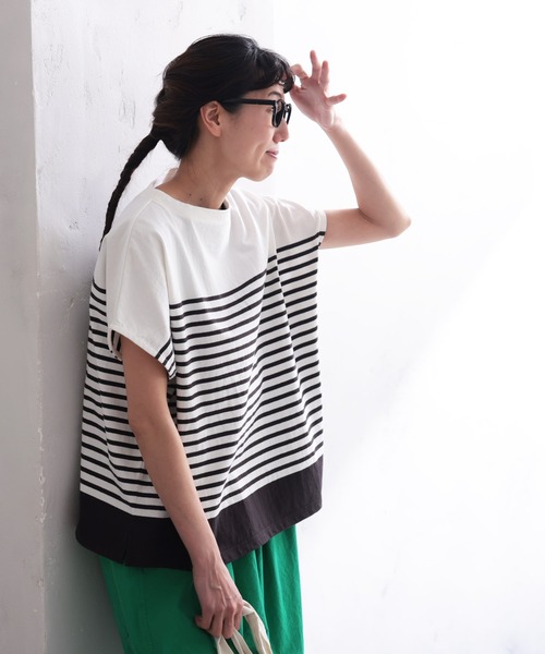 soulberry（ソウルベリー）の「袖あり！なノースリのパネルボーダーカットソー（Tシャツ/カットソー・レディース・ホワイト×ブラック・M/L/LL/3L）」の4枚目の写真