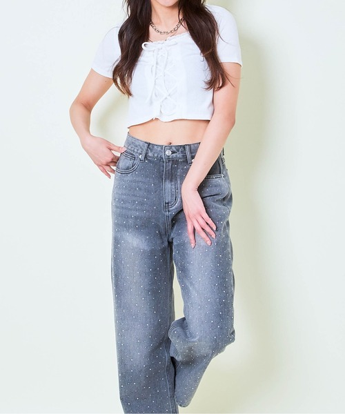 GORGE(ゴージ)の「《レースアップ×レイヤード風》レディース クロップドTシャツ フェイクレイヤード 春夏秋(Tシャツ/カットソー・レディース・オフホワイト/ブラック・F)」の3枚目の写真