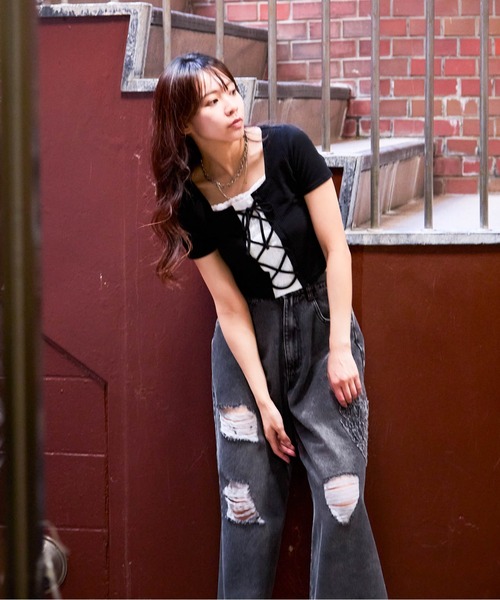 GORGE(ゴージ)の「《レースアップ×レイヤード風》レディース クロップドTシャツ フェイクレイヤード 春夏秋(Tシャツ/カットソー・レディース・オフホワイト/ブラック・F)」の8枚目の写真