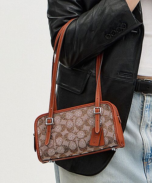 キラキラ 【COACH】クリスタル付 スウィング ジップ 20 スウィング ジップ バッグ 20・クリスタル シグネチャー ジャ