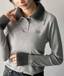 【mily bilet】上品とカジュアルを叶える、大人コーデが即完成。ファー使いダブル襟ロゴプレートニットポロ(長袖)