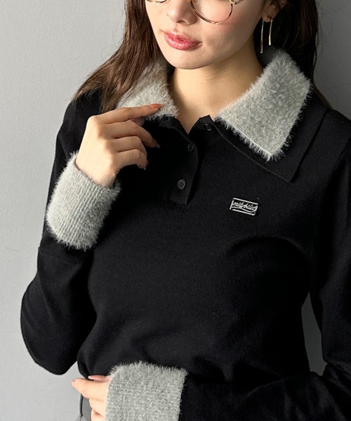 mily bilet(ミウィビレット)の「【mily bilet】上品とカジュアルを叶える、大人コーデが即完成。ファー使いダブル襟ロゴプレートニットポロ(長袖)(ポロシャツ・レディース・ネイビー/モカ/ブラック/グレー・SMALL/MEDIUM/LARGE/X-LARGE)」の2枚目の写真