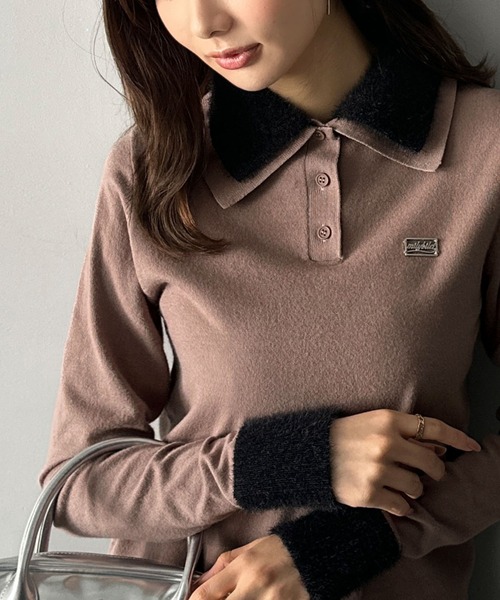 mily bilet(ミウィビレット)の「【mily bilet】上品とカジュアルを叶える、大人コーデが即完成。ファー使いダブル襟ロゴプレートニットポロ(長袖)(ポロシャツ・レディース・ネイビー/モカ/ブラック/グレー・SMALL/MEDIUM/LARGE/X-LARGE)」の4枚目の写真