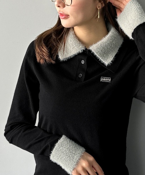 mily bilet(ミウィビレット)の「【mily bilet】上品とカジュアルを叶える、大人コーデが即完成。ファー使いダブル襟ロゴプレートニットポロ(長袖)(ポロシャツ・レディース・ネイビー/モカ/ブラック/グレー・SMALL/MEDIUM/LARGE/X-LARGE)」の5枚目の写真