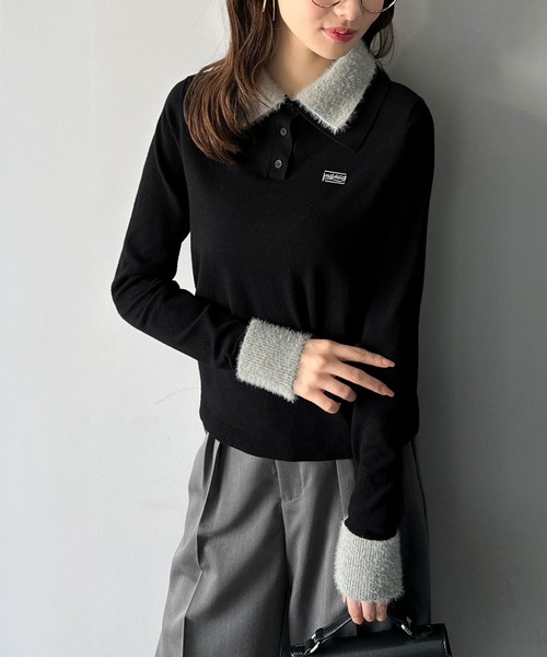 mily bilet(ミウィビレット)の「【mily bilet】上品とカジュアルを叶える、大人コーデが即完成。ファー使いダブル襟ロゴプレートニットポロ(長袖)(ポロシャツ・レディース・ネイビー/モカ/ブラック/グレー・SMALL/MEDIUM/LARGE/X-LARGE)」の8枚目の写真