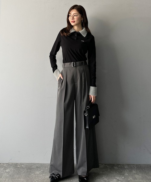 mily bilet(ミウィビレット)の「【mily bilet】上品とカジュアルを叶える、大人コーデが即完成。ファー使いダブル襟ロゴプレートニットポロ(長袖)(ポロシャツ・レディース・ネイビー/モカ/ブラック/グレー・SMALL/MEDIUM/LARGE/X-LARGE)」の7枚目の写真