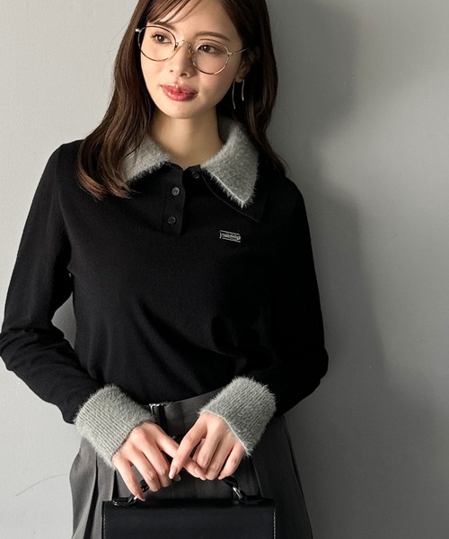 mily bilet(ミウィビレット)の「【mily bilet】上品とカジュアルを叶える、大人コーデが即完成。ファー使いダブル襟ロゴプレートニットポロ(長袖)(ポロシャツ・レディース・ネイビー/モカ/ブラック/グレー・SMALL/MEDIUM/LARGE/X-LARGE)」の6枚目の写真