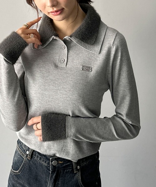 mily bilet(ミウィビレット)の「【mily bilet】上品とカジュアルを叶える、大人コーデが即完成。ファー使いダブル襟ロゴプレートニットポロ(長袖)(ポロシャツ・レディース・ネイビー/モカ/ブラック/グレー・SMALL/MEDIUM/LARGE/X-LARGE)」の13枚目の写真