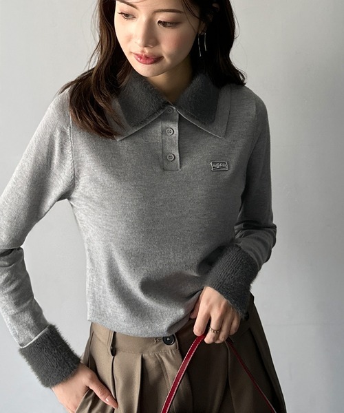 mily bilet(ミウィビレット)の「【mily bilet】上品とカジュアルを叶える、大人コーデが即完成。ファー使いダブル襟ロゴプレートニットポロ(長袖)(ポロシャツ・レディース・ネイビー/モカ/ブラック/グレー・SMALL/MEDIUM/LARGE/X-LARGE)」の12枚目の写真