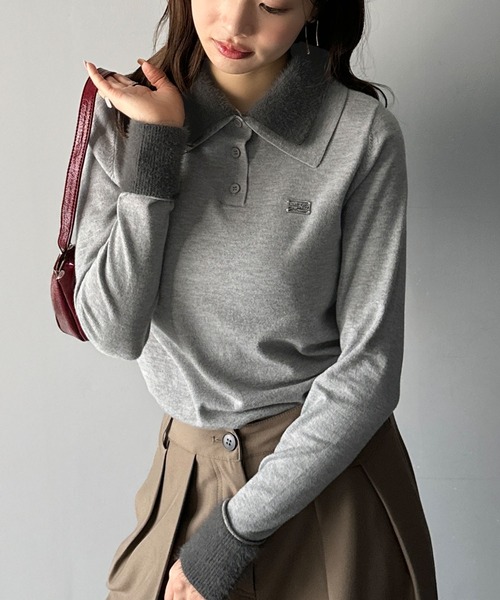 mily bilet(ミウィビレット)の「【mily bilet】上品とカジュアルを叶える、大人コーデが即完成。ファー使いダブル襟ロゴプレートニットポロ(長袖)(ポロシャツ・レディース・ネイビー/モカ/ブラック/グレー・SMALL/MEDIUM/LARGE/X-LARGE)」の10枚目の写真
