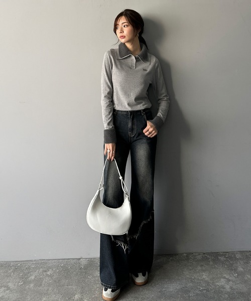 mily bilet(ミウィビレット)の「【mily bilet】上品とカジュアルを叶える、大人コーデが即完成。ファー使いダブル襟ロゴプレートニットポロ(長袖)(ポロシャツ・レディース・ネイビー/モカ/ブラック/グレー・SMALL/MEDIUM/LARGE/X-LARGE)」の15枚目の写真
