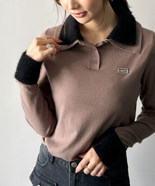 mily bilet(ミウィビレット)の「【mily bilet】上品とカジュアルを叶える、大人コーデが即完成。ファー使いダブル襟ロゴプレートニットポロ(長袖)(ポロシャツ・レディース・ネイビー/モカ/ブラック/グレー・SMALL/MEDIUM/LARGE/X-LARGE)」の16枚目の写真