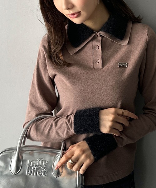 mily bilet(ミウィビレット)の「【mily bilet】上品とカジュアルを叶える、大人コーデが即完成。ファー使いダブル襟ロゴプレートニットポロ(長袖)(ポロシャツ・レディース・ネイビー/モカ/ブラック/グレー・SMALL/MEDIUM/LARGE/X-LARGE)」の17枚目の写真