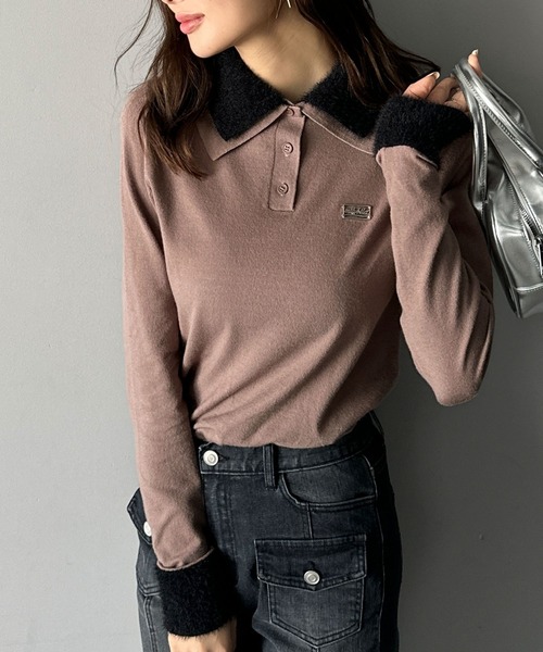 mily bilet(ミウィビレット)の「【mily bilet】上品とカジュアルを叶える、大人コーデが即完成。ファー使いダブル襟ロゴプレートニットポロ(長袖)(ポロシャツ・レディース・ネイビー/モカ/ブラック/グレー・SMALL/MEDIUM/LARGE/X-LARGE)」の18枚目の写真