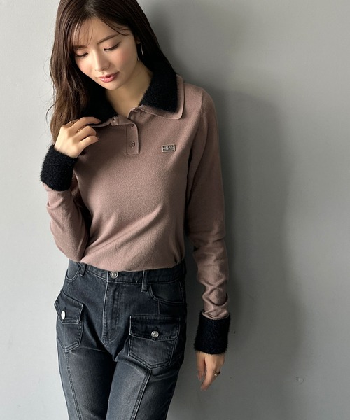mily bilet(ミウィビレット)の「【mily bilet】上品とカジュアルを叶える、大人コーデが即完成。ファー使いダブル襟ロゴプレートニットポロ(長袖)(ポロシャツ・レディース・ネイビー/モカ/ブラック/グレー・SMALL/MEDIUM/LARGE/X-LARGE)」の19枚目の写真