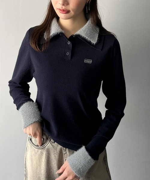 mily bilet(ミウィビレット)の「【mily bilet】上品とカジュアルを叶える、大人コーデが即完成。ファー使いダブル襟ロゴプレートニットポロ(長袖)(ポロシャツ・レディース・ネイビー/モカ/ブラック/グレー・SMALL/MEDIUM/LARGE/X-LARGE)」の21枚目の写真