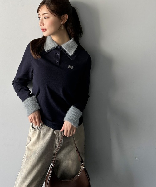 mily bilet(ミウィビレット)の「【mily bilet】上品とカジュアルを叶える、大人コーデが即完成。ファー使いダブル襟ロゴプレートニットポロ(長袖)(ポロシャツ・レディース・ネイビー/モカ/ブラック/グレー・SMALL/MEDIUM/LARGE/X-LARGE)」の22枚目の写真