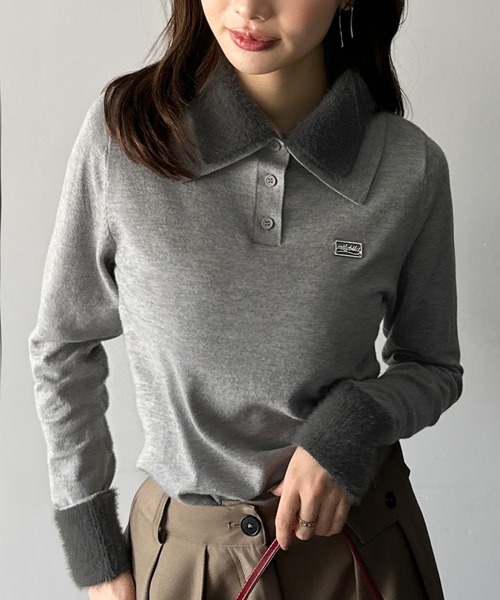 mily bilet(ミウィビレット)の「【mily bilet】上品とカジュアルを叶える、大人コーデが即完成。ファー使いダブル襟ロゴプレートニットポロ(長袖)(ポロシャツ・レディース・ネイビー/モカ/ブラック/グレー・SMALL/MEDIUM/LARGE/X-LARGE)」の9枚目の写真